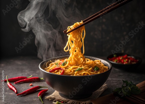 Steaming hot bowl of spicy noodles with chopsticks, Steaming hot bowl of spicy noodles with chopsticks.