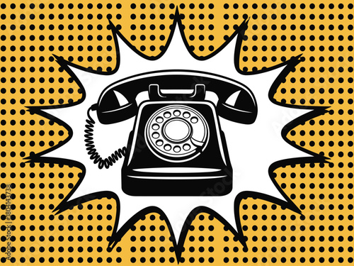 A vintage rotary telephone pops out from a comic book style explosion graphic.