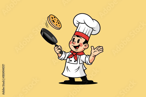 Cartoon Chef Juggling a Pancake with a Frying Pan.