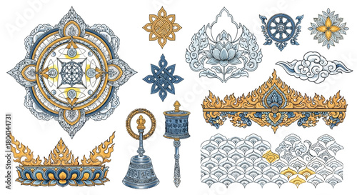 Intricate Tibetan Buddhist Mandala Thanka Vector Collection Dharma Wheel Sacred Geometry Elements