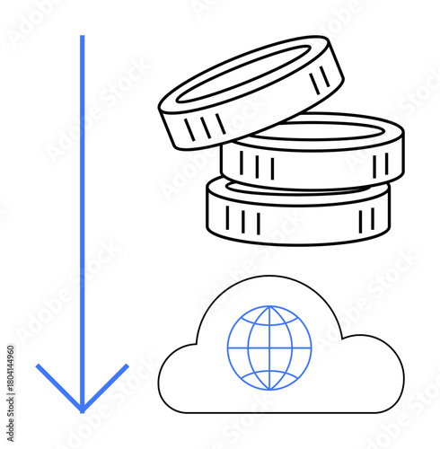 Stack of coins above a cloud with a global icon and downward arrow. Ideal for finance, global commerce, cloud computing, money transfer, investment, digital economy, economic trend. Simple flat