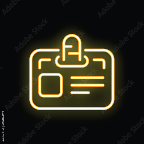 Yellow neon icon representing an identification card, isolated on a black background