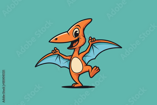 Cute Orange Pterodactyl Cartoon Character Flying Joyfully.