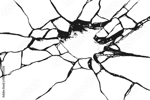 Broken glass crack texture. Vector realistic impact hole and splintered details. Abstract design with sharp radial fractures for design effects.