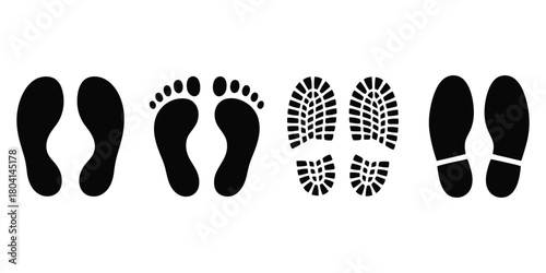 Set of Human Footprints and Shoe Print Icons - Barefoot, Boot Sole, and Footstep Silhouette Vector