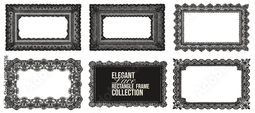Elegant gothic lace border pattern vector set. Floral embroidery trim design with scallop edges, ornamental texture. Vector rectangular frame illustration for wedding collage or scrapbook.