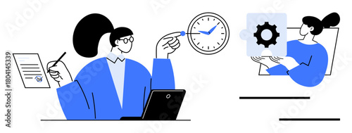 Professionals reviewing documents, managing time with clock, sharing data on digital tools. Ideal for teamwork, productivity, planning, organization, project management, collaboration simple flat