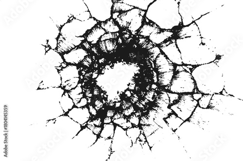 Broken glass texture vector cracked radial pattern. Shattered surface with central impact and geometric black fragments for grunge web or comic design overlays.