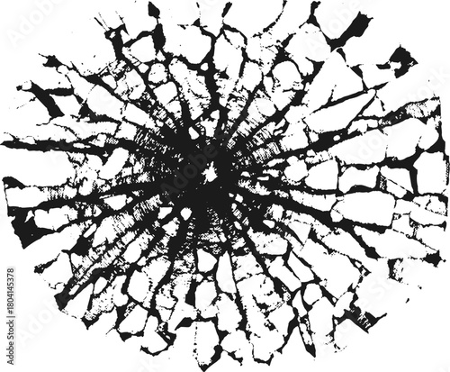 Glass shatter vector explosion cracked surface texture. Broken pattern with bullet impact hole and sharp radial fragments for posters, web graphics.