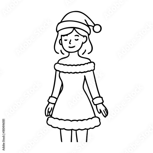 Dibujo sencillo con líneas de mujer joven con ropa y sombrero de Santa Claus para tarjetas y felicitaciones de Navidad