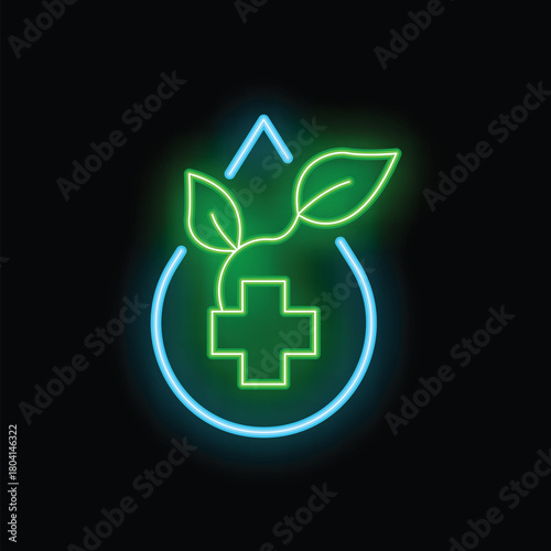 Neon sign representing the concept of natural medicine with a sprout growing from a medical cross inside a water drop