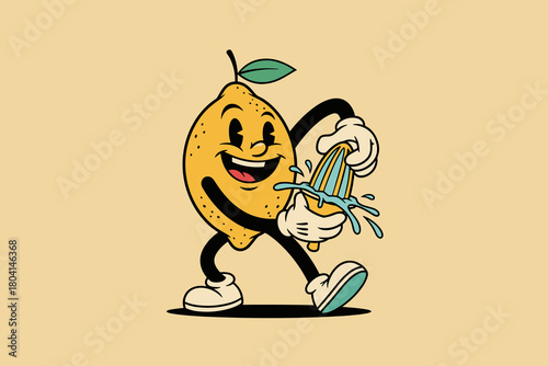 Retro Cartoon Lemon Character Squeezing Juice.