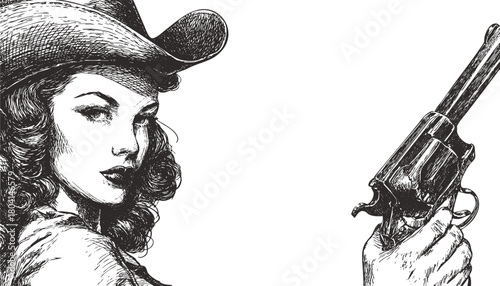 Black cowgirl portrait with revolver, elegant and classic. Sketchy wild west art. Vintage Hollywood Americana and western feminine poster.