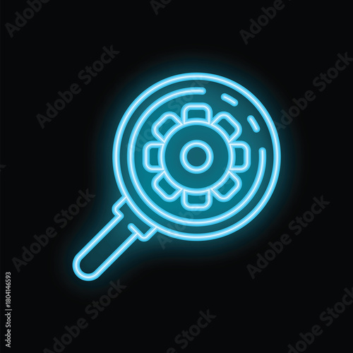 Neon blue magnifying glass is searching for a solution, setting, or idea
