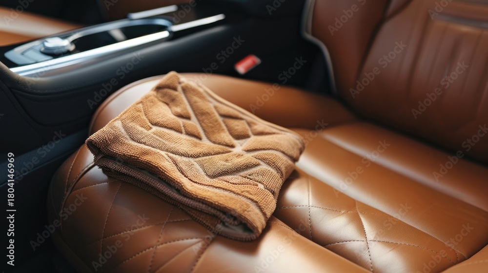 Obraz premium A close-up of a brown leather car seat with a folded, quilted blanket resting on it. The interior is modern and luxurious, showcasing fine craftsmanship.