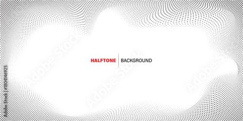 Monochrome halftone border background with black dotted three dimensional wave framing a smooth white center, minimalist abstract design ideal for professional websites, presentations & digital tech