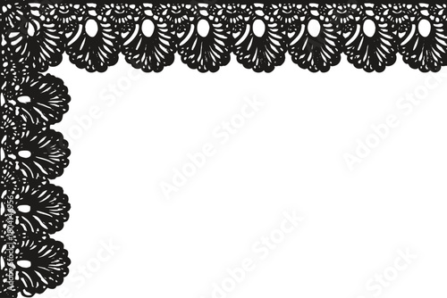 Scallop lace pattern border. Black vector floral embroidery trim rectangle frame with delicate blossom lines. Vintage ornamental template for collage, posters, scrapbook.