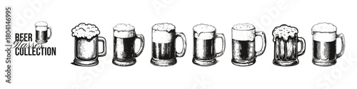Beer drink doodle crayon drawn glass collection. Vintage retro bar set with foam mugs for brewery, pub, alcohol menu. Festive celebration design.