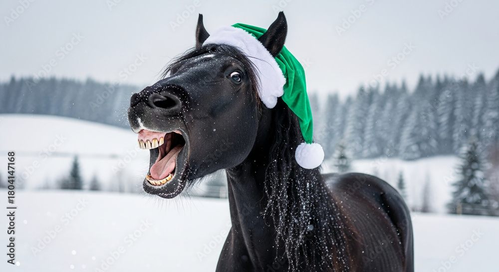 Obraz premium Black horse with open mouth, wearing green santa hat on snowy field. Festive, humor, holiday concept, funny, festive mood, laughter, animal portrait.
