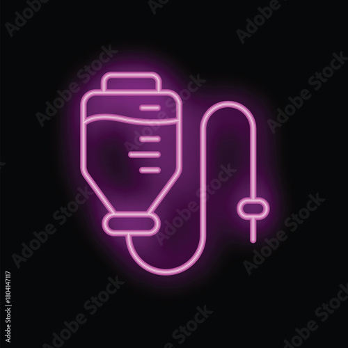 Bright purple neon sign representing an intravenous therapy system on a black background