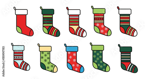 Ten colorful Christmas stockings with various festive patterns and designs.