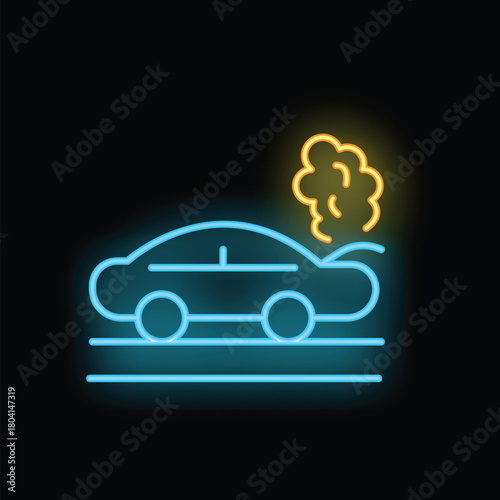 Neon sign illustrating a broken car with smoke coming from hood