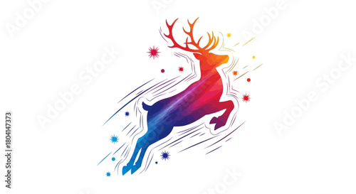Vibrant polygonal deer leaping with colorful gradient and dynamic motion lines, surrounded by sparkling elements on a white background.