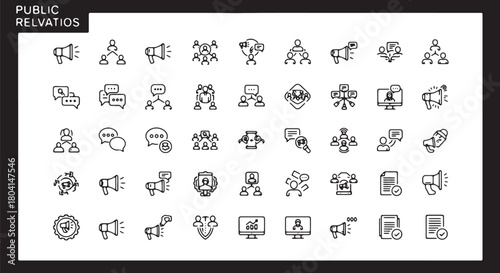Public relations line icons communication and marketing vector elements for presentations isolated o