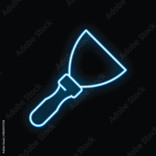 Blue neon icon of a putty knife glowing on a black background
