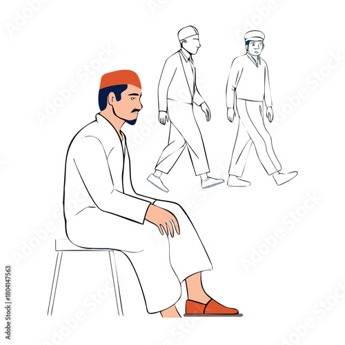 Continuous line art of an asian man. Pakistani culture. Vector of adult man from pakistan. Leadership. Concept of vision for life. Sitting and walking person. Khan from Pakistan. Ethnic people art See
