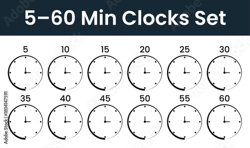 Clean Minimal Monochrome Circular Time Labels Set with 5-60 Minute Intervals Bold Numbers Radial Lines | Modern Flat Vector Timer Badges and Clock Icons Pack