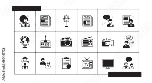 Set of news and media icons vector line art symbols for journalism isolated on white background