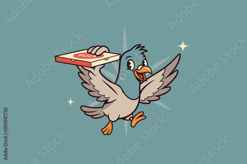 Cartoon Pigeon Delivering Pizza with Wings Spread Wide.
