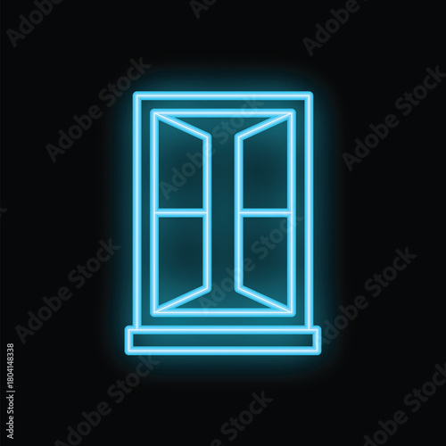 Blue neon window glowing on a black background, ideal for concepts such as interior design, home improvement, and architecture