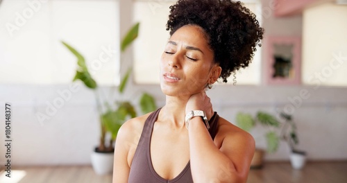 Obraz na plátne Woman, discomfort and neck pain in class from pilates accident, inflammation and cramp