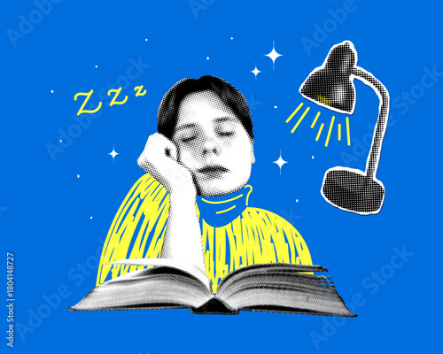 Student sleeps over a book. Concepts of knowledge and education. Fatigue and burnout during studies. Woman exhausted by work. Bored student. Newspaper halftone collage