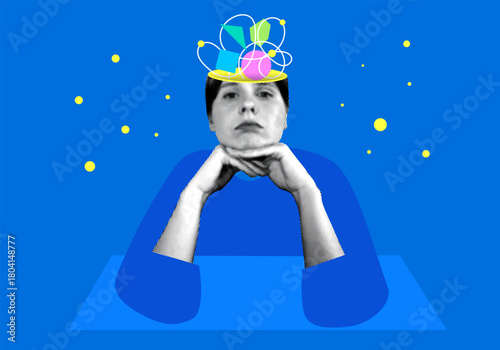Contemplation. Geometric shapes inside a woman's head. Sad woman reflects. Psychological disorders, problems. Emotional burnout. Mental health, depression. Newspaper halftone collage