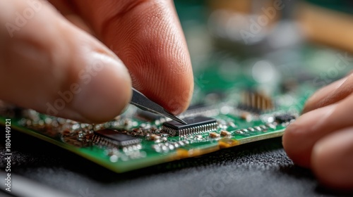 Electronics Repair Focused Technician Using Tweezers to Place Microchip on PCB — Precision Macro Closeup for Technology Maintenance, Hardware Assembly, and Semiconductor Engineering