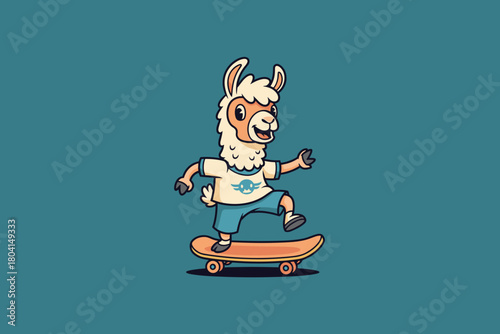 Cartoon Llama Character Riding a Skateboard with Enthusiasm.
