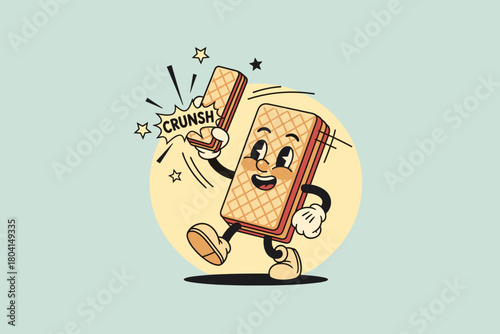 Retro Cartoon Wafer Cookie Character Breaking Snack.