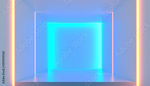Futuristic neon-lit tunnel with smooth white surfaces, glowing cyan back wall, and vibrant pink-blue edge lights in a symmetrical, minimal space.