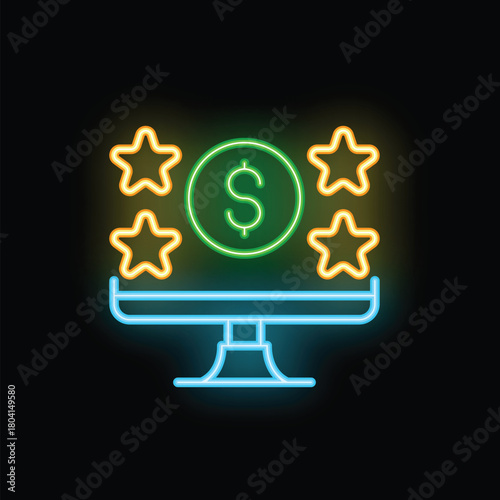 Neon sign illustrating the concept of online business success with a dollar sign surrounded by stars on a computer screen
