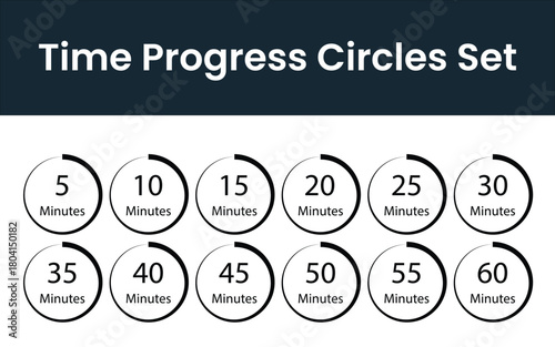 Clean Minimal Monochrome Circular Time Labels Set with 5-60 Minute Intervals Bold Numbers Radial Lines | Modern Flat Vector Timer Badges and Clock Icons Pack