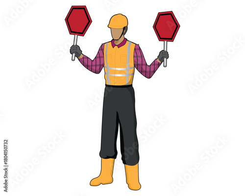 vector design of a traffic controller holding two red warning boards, they are usually called FLAGGER who work in construction project areas to provide signs or warnings.