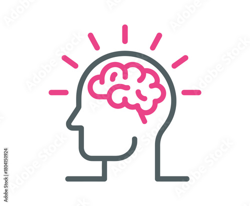 A stylized illustration of a human head with a brain and radiating lines, symbolizing thought or ideas.