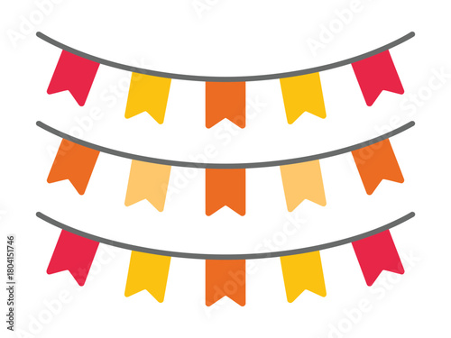 Brightly colored festive bunting flags strung across a white background.