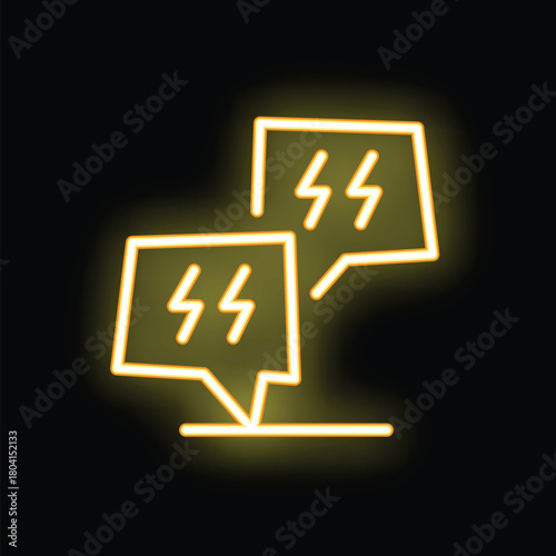 Neon yellow icon of a speech bubble with three lightning bolts inside, indicating a conversation about electricity or a powerful message being communicated