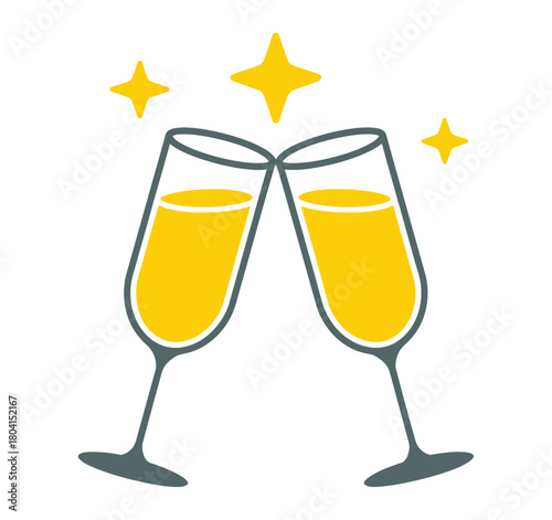Two glasses of champagne are clinking together in celebration with stars.