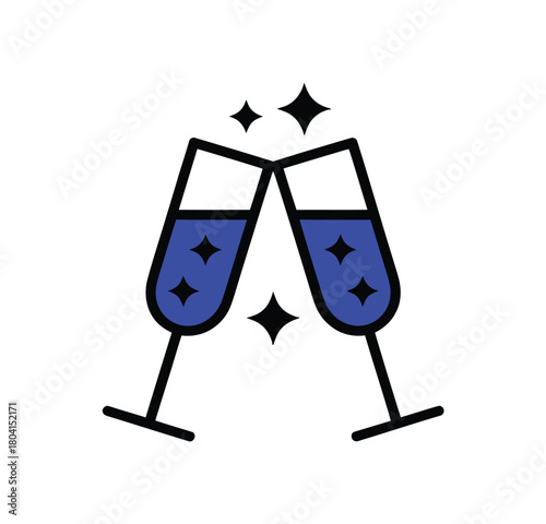 Two champagne glasses clinking together in a toast with sparkles