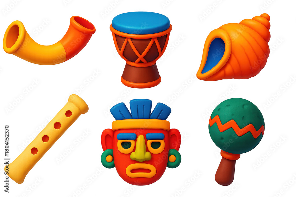 Fototapeta premium Ancient Ceremony Icons. 3D icon set of ancient ceremonies: horn trumpet, ritual drum, conch shell, bone flute, ceremonial mask,